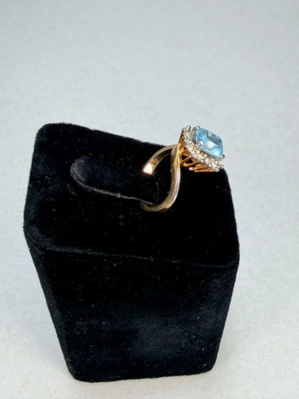Vintage Stunning Blue Emerald Cut Halo Cocktail Ring Gold Tone Statement